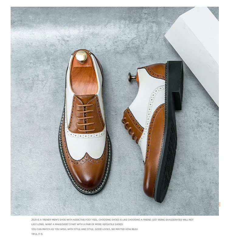 British Leather Shoes Men Match Color White Brown Leather Business Casual Brock Carved Retro Dress Shoes for Men