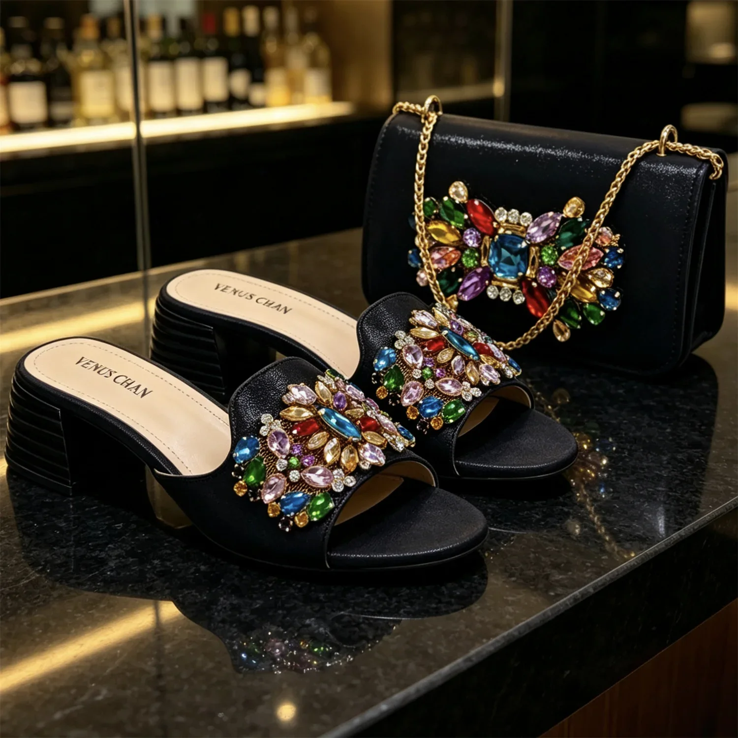 Italian Fashion Banquet Shoes and Bags African Women's Hand Bags with Rhinestone Decoration and Women's High Heels