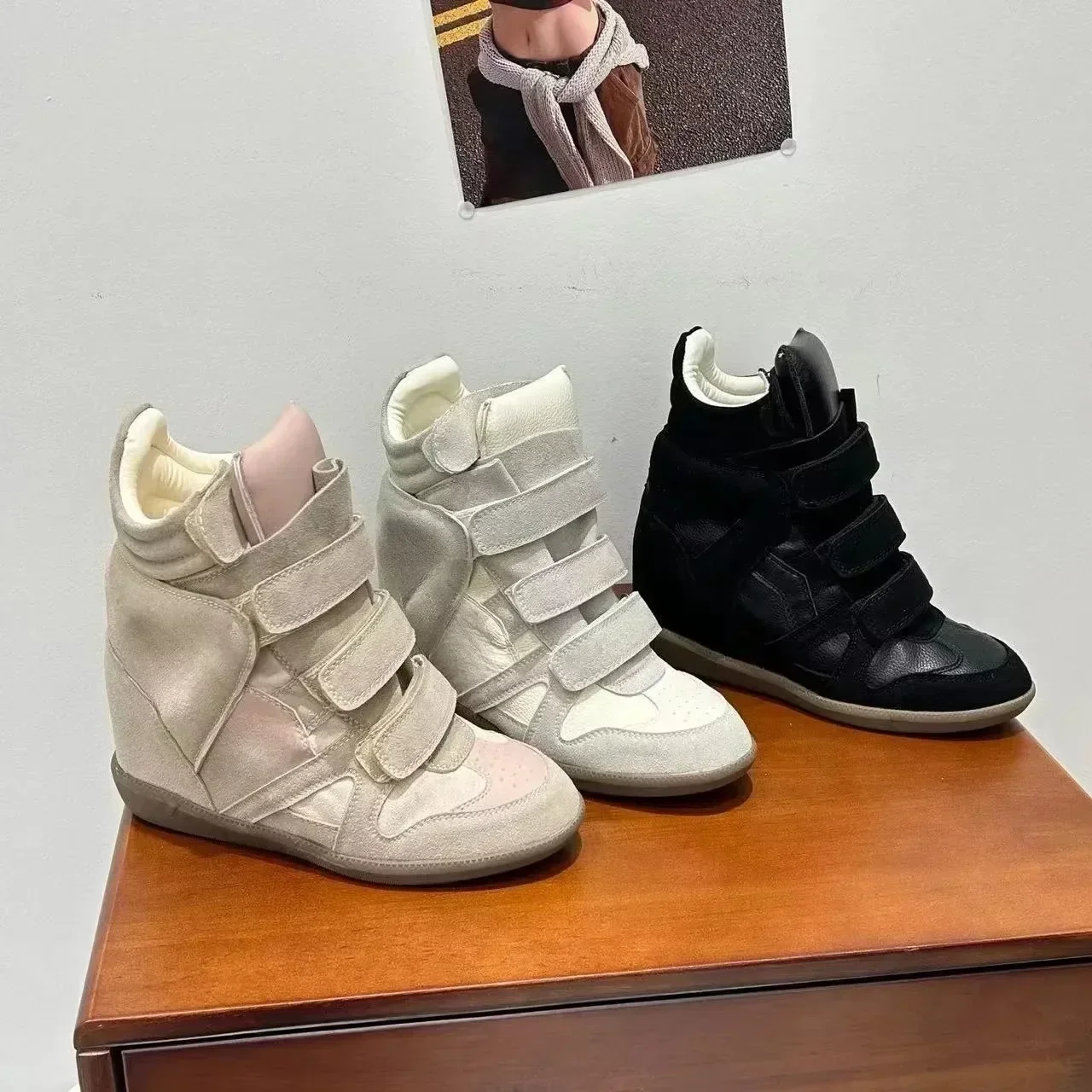 Fashion Women Hidden Heel High Top Sneakers,Black Suede Leather Patchwork Hook Loop Wedge Boots,Inner Height‑Increasing Non‑Slip Comfort Footwear for Street Dating Shopping Travel Daily Party Wear