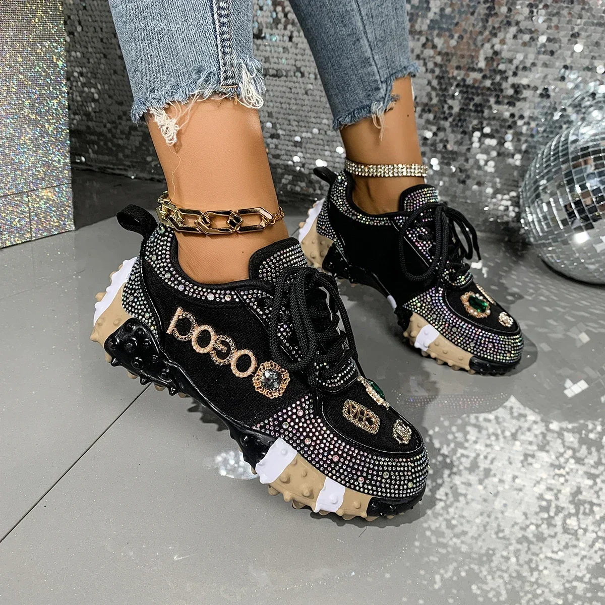 Women's Luxury Shoes Full Diamond Lace Up Women Designer Sneakers Shiny Water Diamond Designer Platform Shoes Plataforma Mujer