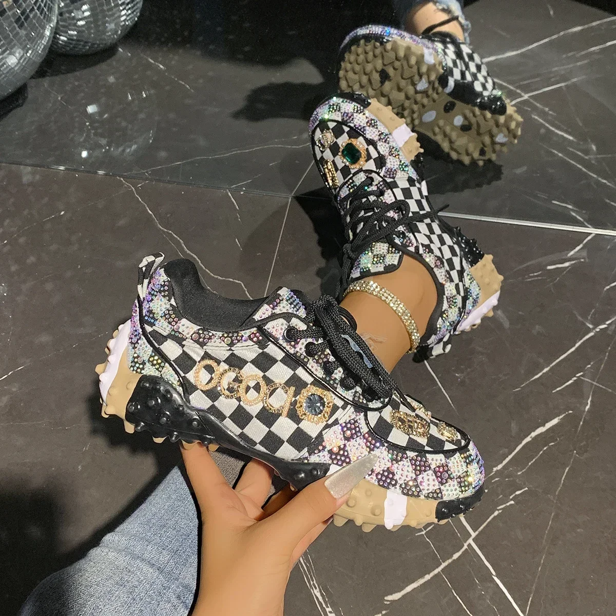 Women's Luxury Shoes Full Diamond Lace Up Women Designer Sneakers Shiny Water Diamond Designer Platform Shoes Plataforma Mujer