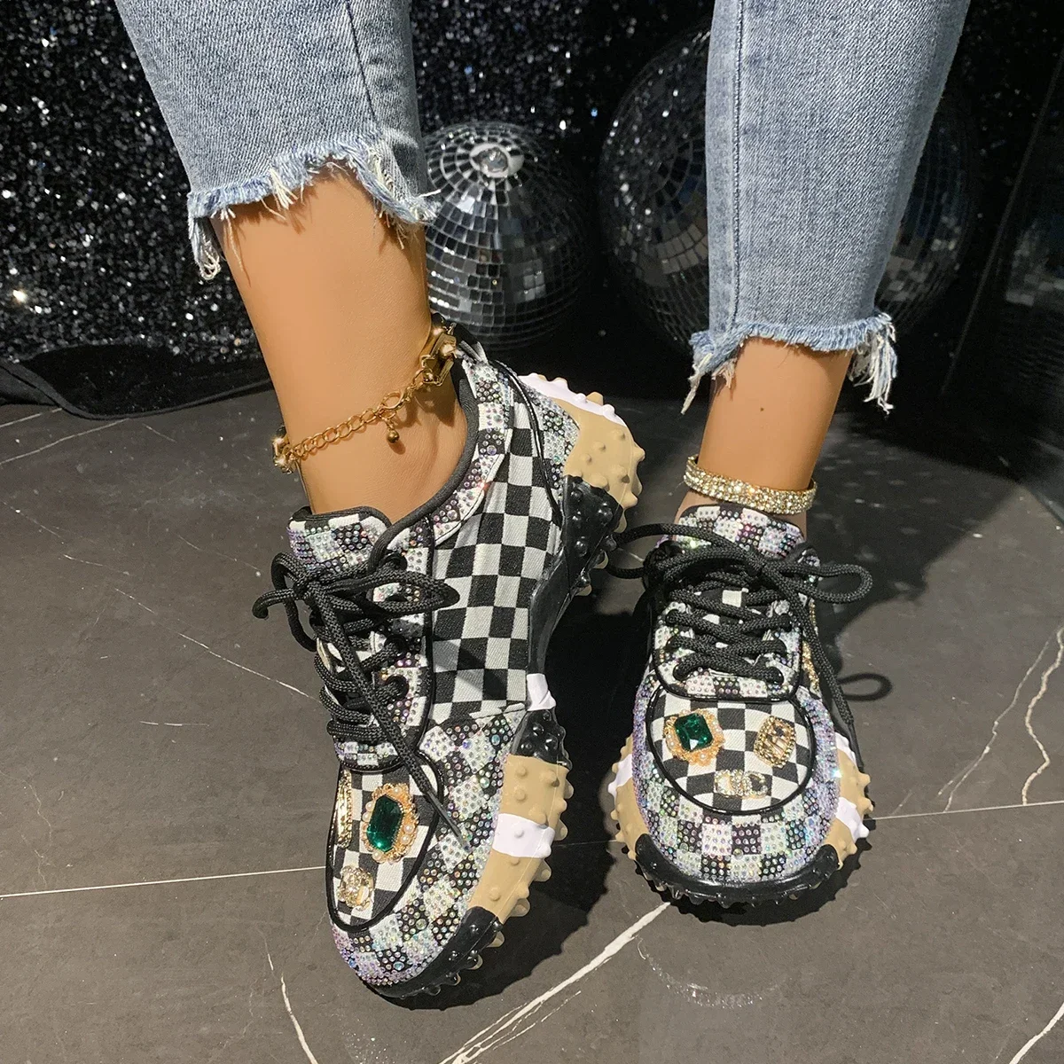 Women's Luxury Shoes Full Diamond Lace Up Women Designer Sneakers Shiny Water Diamond Designer Platform Shoes Plataforma Mujer