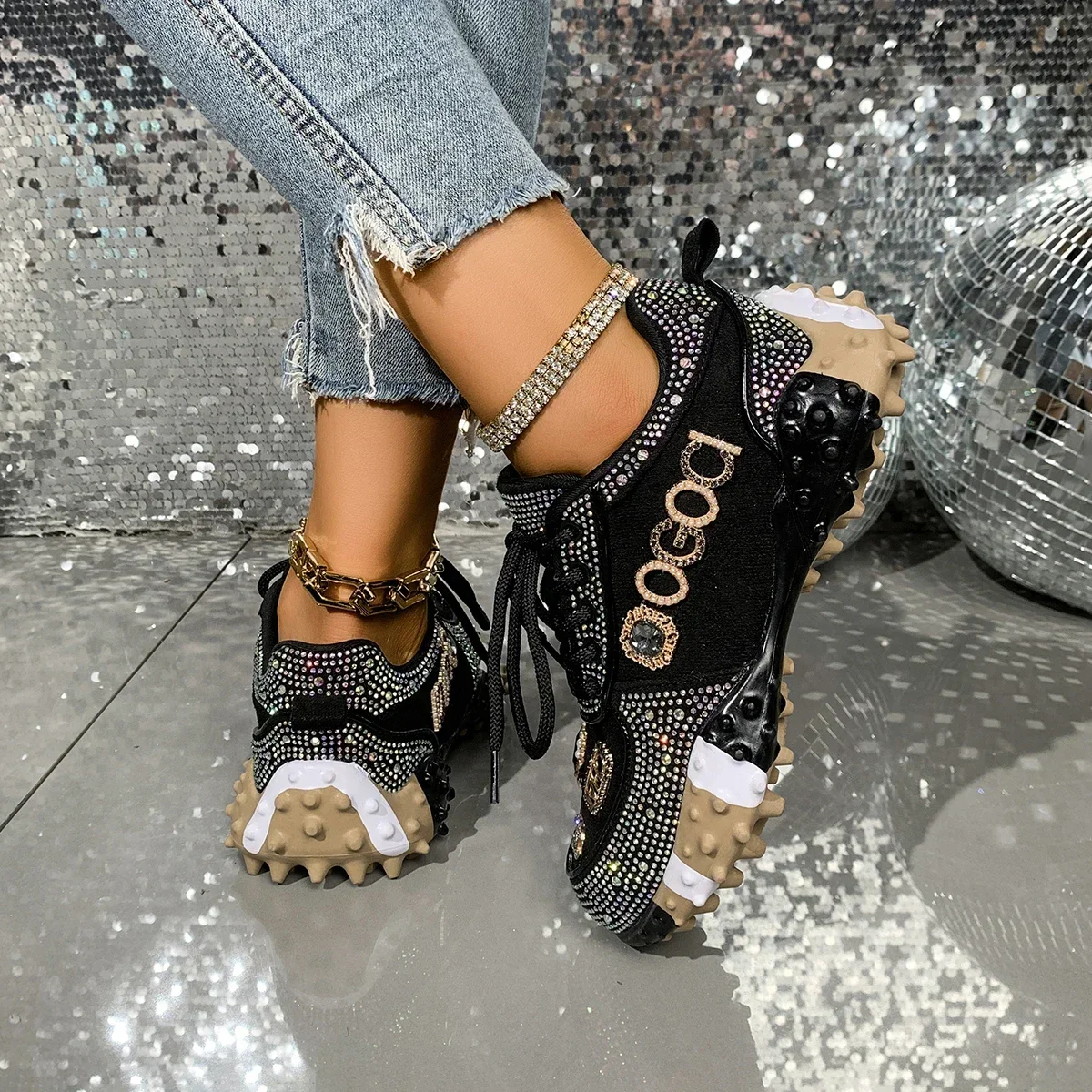 Women's Luxury Shoes Full Diamond Lace Up Women Designer Sneakers Shiny Water Diamond Designer Platform Shoes Plataforma Mujer