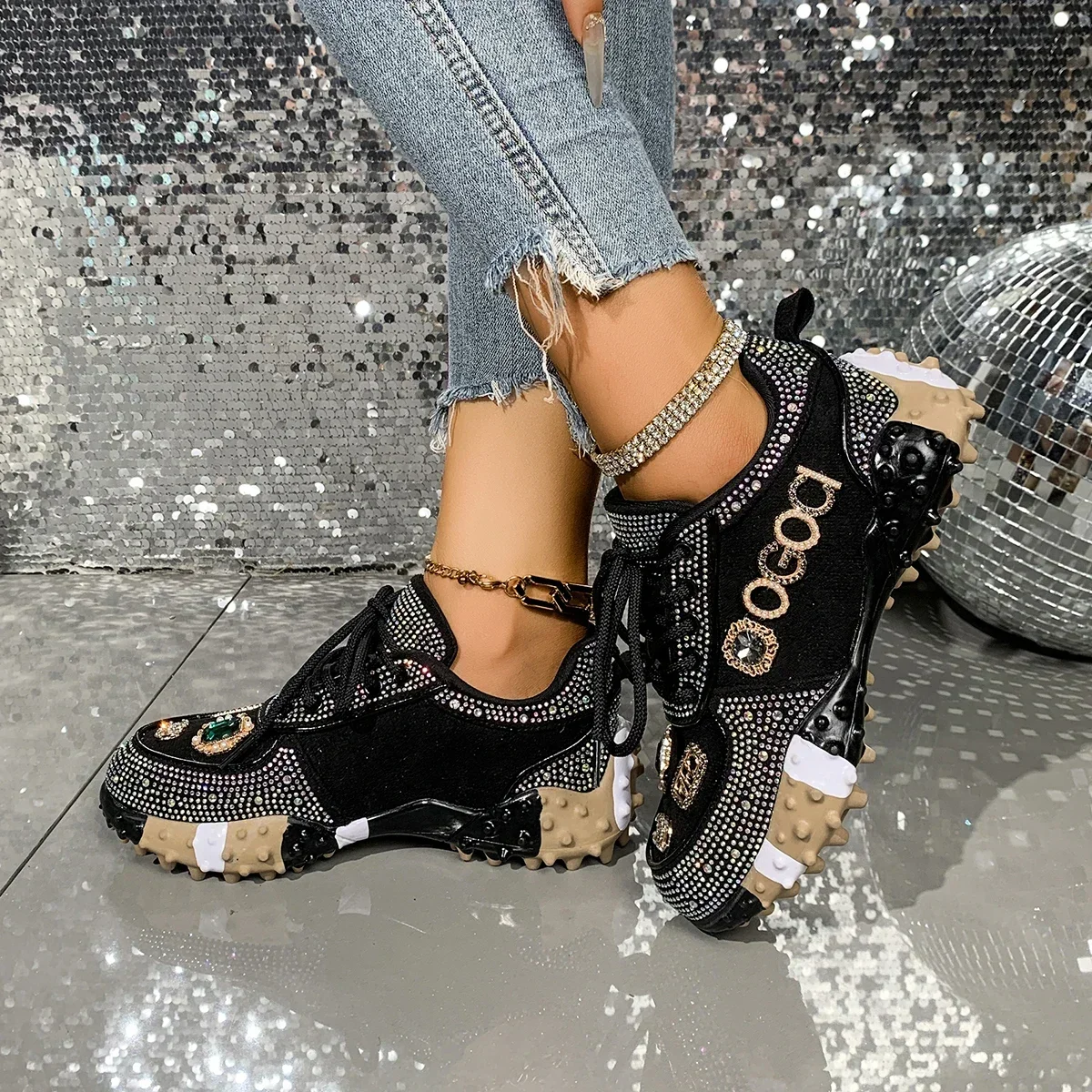 Women's Luxury Shoes Full Diamond Lace Up Women Designer Sneakers Shiny Water Diamond Designer Platform Shoes Plataforma Mujer