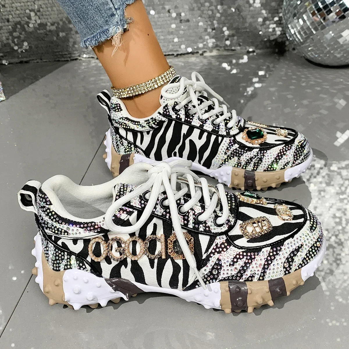 Women's Luxury Shoes Full Diamond Lace Up Women Designer Sneakers Shiny Water Diamond Designer Platform Shoes Plataforma Mujer