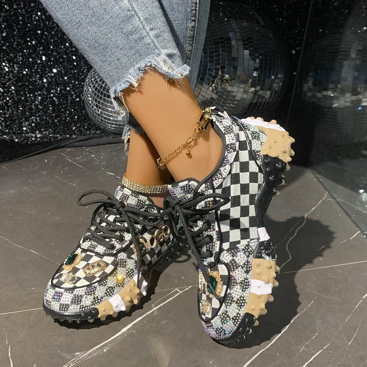 Women's Luxury Shoes Full Diamond Lace Up Women Designer Sneakers Shiny Water Diamond Designer Platform Shoes Plataforma Mujer