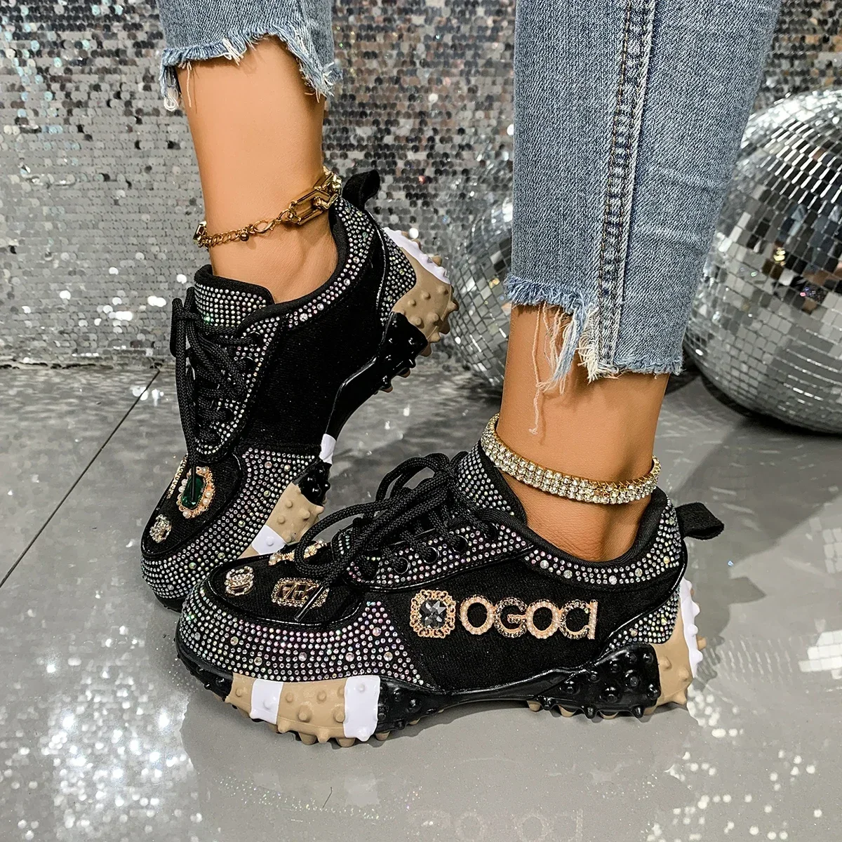 Women's Luxury Shoes Full Diamond Lace Up Women Designer Sneakers Shiny Water Diamond Designer Platform Shoes Plataforma Mujer