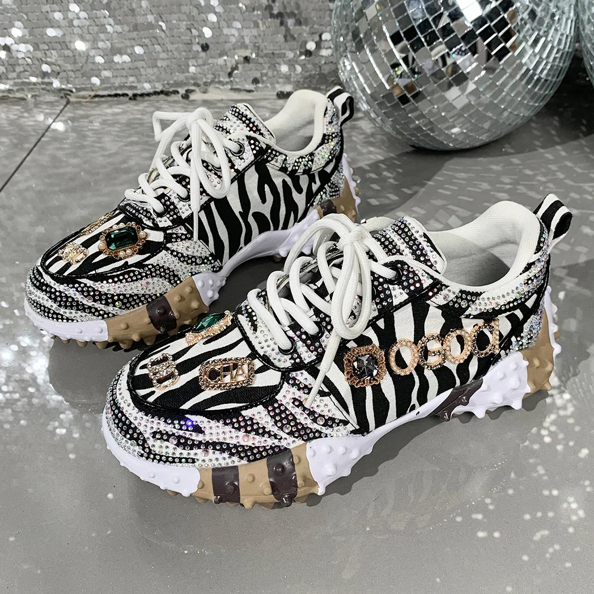 Women's Luxury Shoes Full Diamond Lace Up Women Designer Sneakers Shiny Water Diamond Designer Platform Shoes Plataforma Mujer