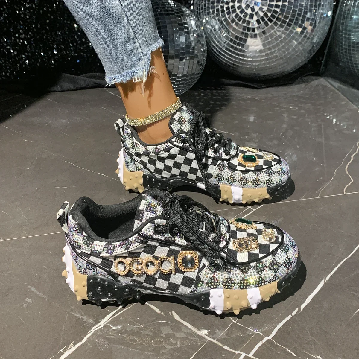 Women's Luxury Shoes Full Diamond Lace Up Women Designer Sneakers Shiny Water Diamond Designer Platform Shoes Plataforma Mujer