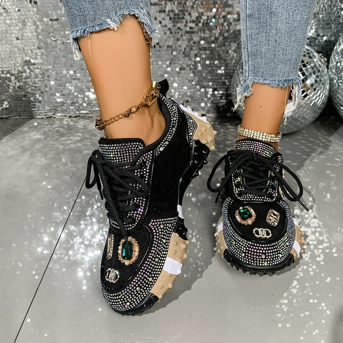 Women's Luxury Shoes Full Diamond Lace Up Women Designer Sneakers Shiny Water Diamond Designer Platform Shoes Plataforma Mujer