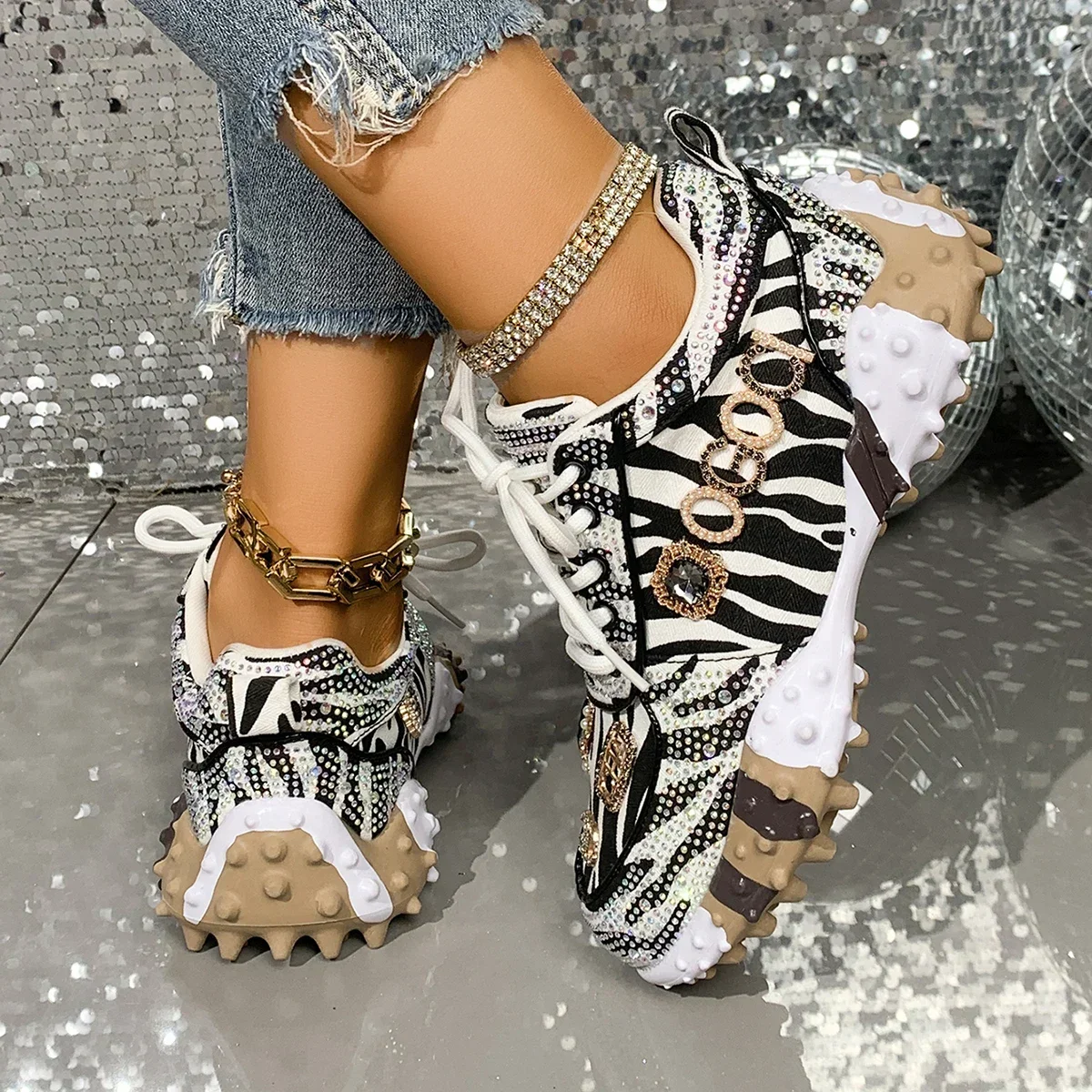 Women's Luxury Shoes Full Diamond Lace Up Women Designer Sneakers Shiny Water Diamond Designer Platform Shoes Plataforma Mujer