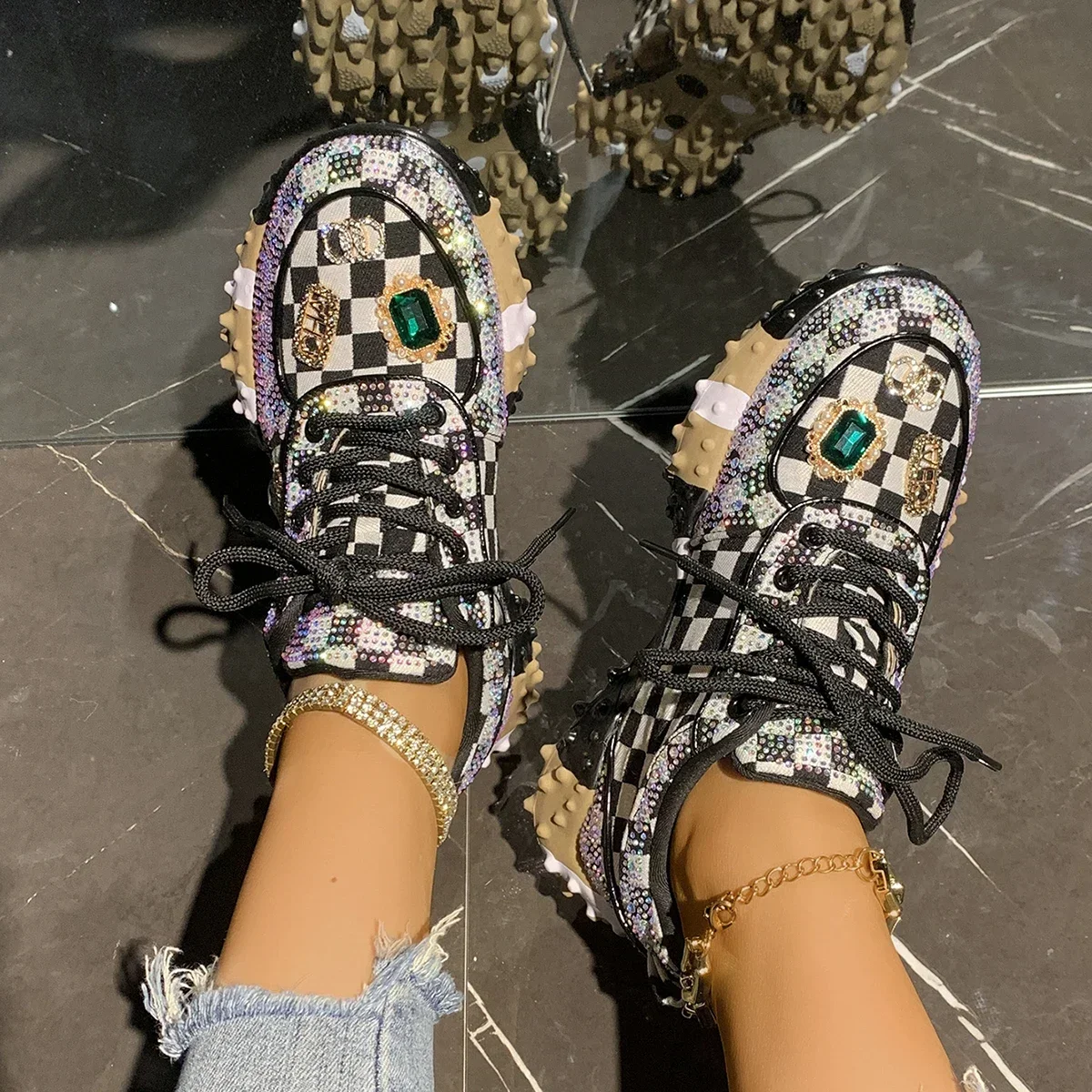 Women's Luxury Shoes Full Diamond Lace Up Women Designer Sneakers Shiny Water Diamond Designer Platform Shoes Plataforma Mujer