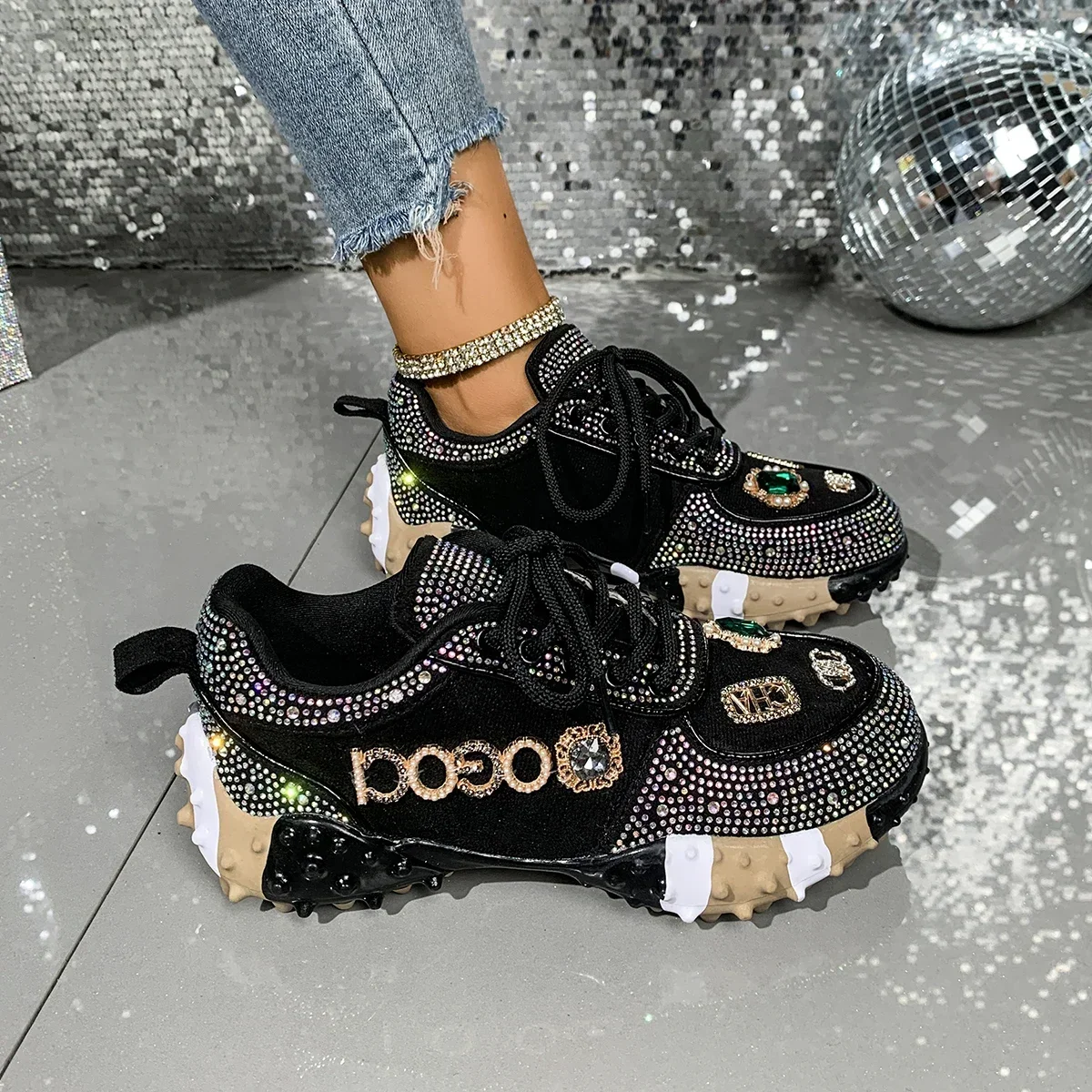 Women's Luxury Shoes Full Diamond Lace Up Women Designer Sneakers Shiny Water Diamond Designer Platform Shoes Plataforma Mujer