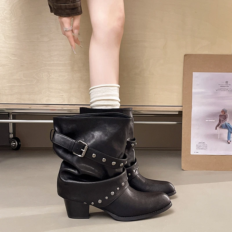 Rivet Buckle Slouch Women Mid Calf Boots Round Toe Pants Tube Leather Boots Autumn Winter Vintage Ladies Western Cowboy Boots