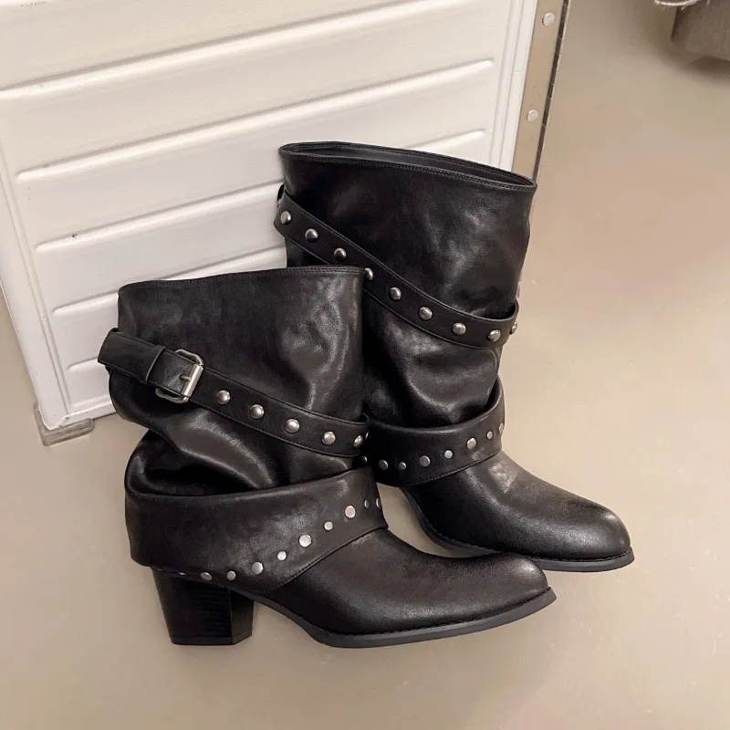 Rivet Buckle Slouch Women Mid Calf Boots Round Toe Pants Tube Leather Boots Autumn Winter Vintage Ladies Western Cowboy Boots