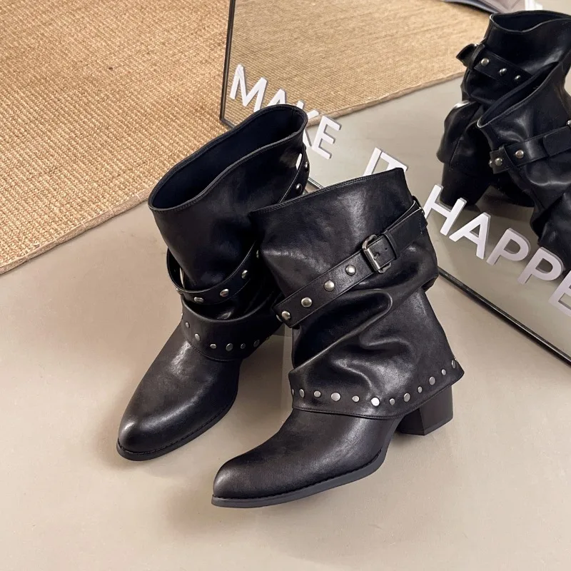 Rivet Buckle Slouch Women Mid Calf Boots Round Toe Pants Tube Leather Boots Autumn Winter Vintage Ladies Western Cowboy Boots