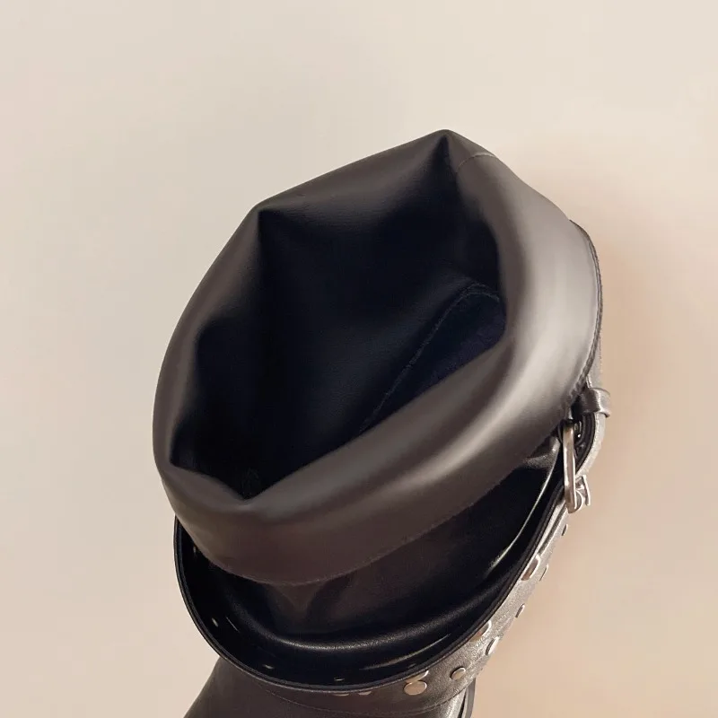 Rivet Buckle Slouch Women Mid Calf Boots Round Toe Pants Tube Leather Boots Autumn Winter Vintage Ladies Western Cowboy Boots