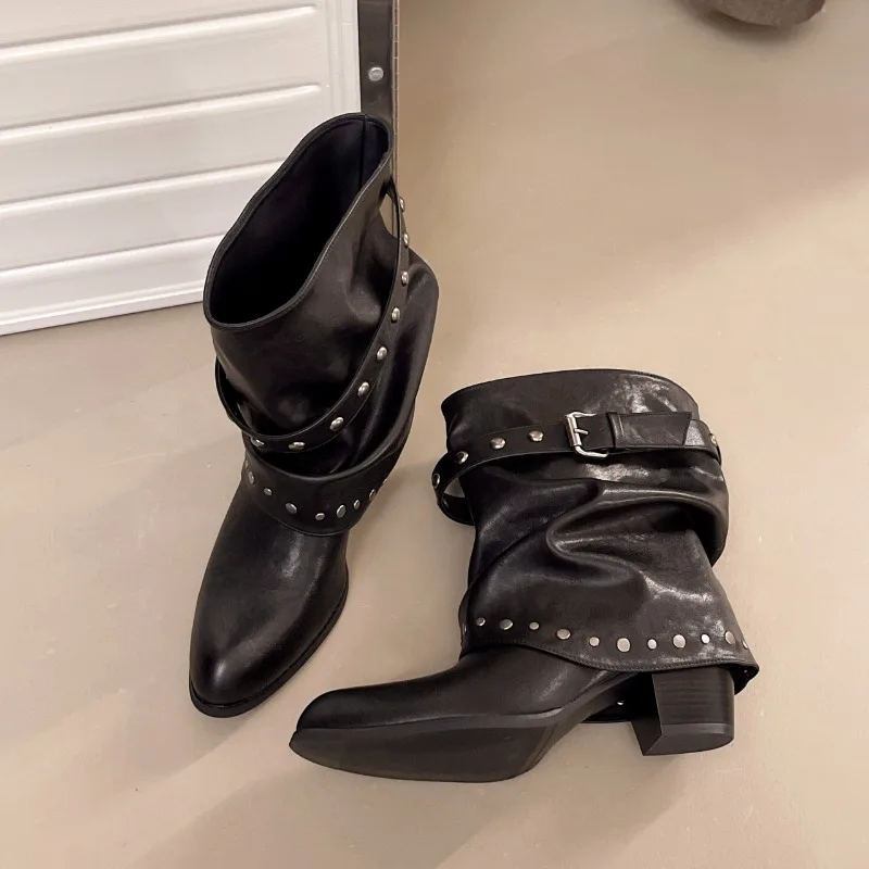 Rivet Buckle Slouch Women Mid Calf Boots Round Toe Pants Tube Leather Boots Autumn Winter Vintage Ladies Western Cowboy Boots