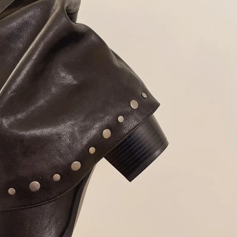 Rivet Buckle Slouch Women Mid Calf Boots Round Toe Pants Tube Leather Boots Autumn Winter Vintage Ladies Western Cowboy Boots