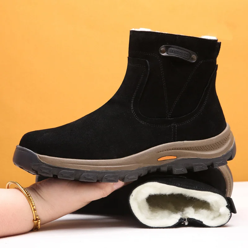 Men's sheepskin and wool integrated snow boots, real leather and fur, winter thick and warm boots slip resistance for Men's 