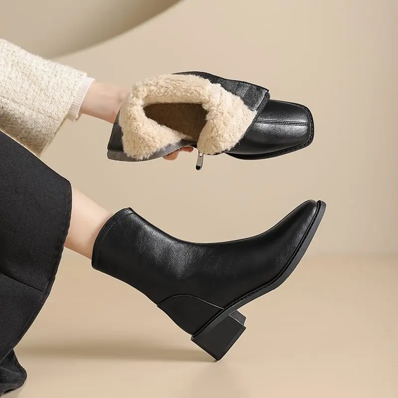 MORAZORA 2025 New Real Leather Women Boots Zipper Thick Fur Warm Winter Boots Fashion Square Toe Chunky Heels Ankle Snow Booties