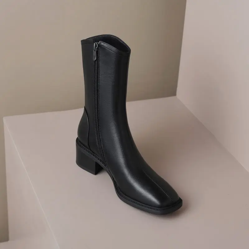 MORAZORA 2025 New Real Leather Women Boots Zipper Thick Fur Warm Winter Boots Fashion Square Toe Chunky Heels Ankle Snow Booties