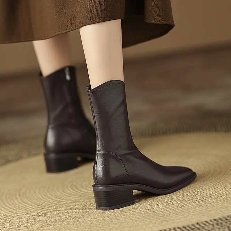 MORAZORA 2025 New Real Leather Women Boots Zipper Thick Fur Warm Winter Boots Fashion Square Toe Chunky Heels Ankle Snow Booties
