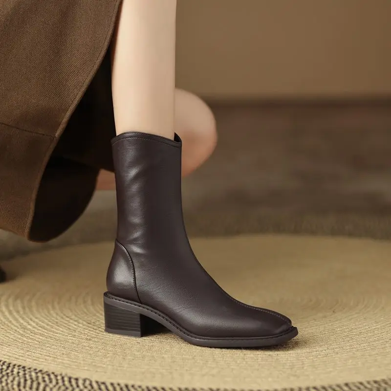 MORAZORA 2025 New Real Leather Women Boots Zipper Thick Fur Warm Winter Boots Fashion Square Toe Chunky Heels Ankle Snow Booties