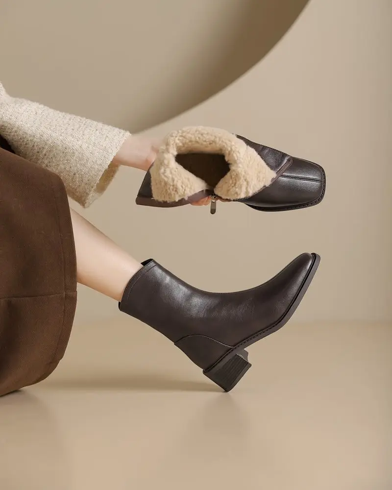 MORAZORA 2025 New Real Leather Women Boots Zipper Thick Fur Warm Winter Boots Fashion Square Toe Chunky Heels Ankle Snow Booties