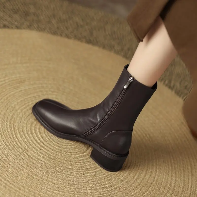 MORAZORA 2025 New Real Leather Women Boots Zipper Thick Fur Warm Winter Boots Fashion Square Toe Chunky Heels Ankle Snow Booties