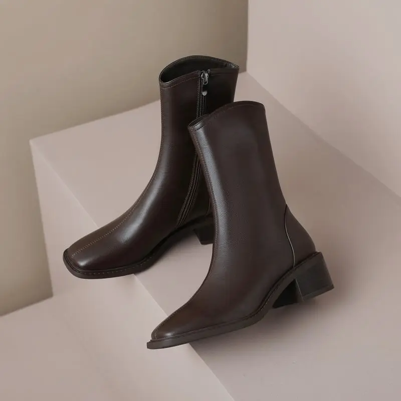 MORAZORA 2025 New Real Leather Women Boots Zipper Thick Fur Warm Winter Boots Fashion Square Toe Chunky Heels Ankle Snow Booties