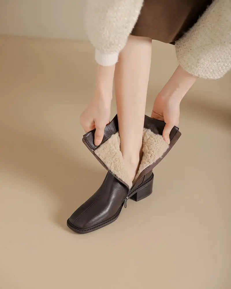 MORAZORA 2025 New Real Leather Women Boots Zipper Thick Fur Warm Winter Boots Fashion Square Toe Chunky Heels Ankle Snow Booties