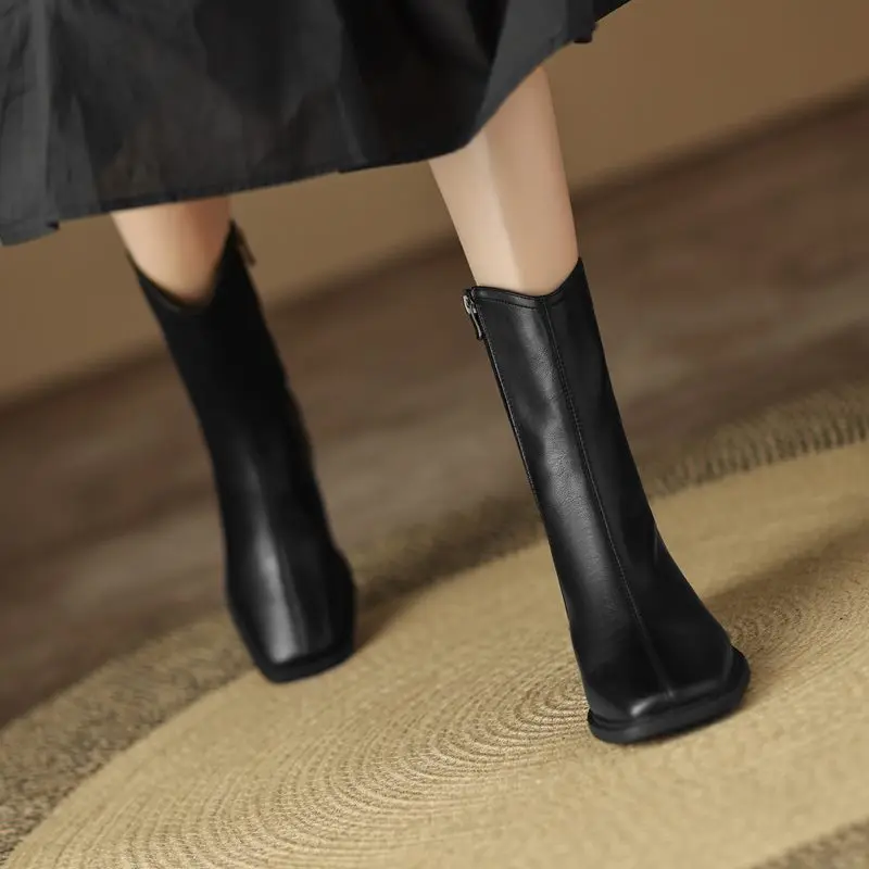 MORAZORA 2025 New Real Leather Women Boots Zipper Thick Fur Warm Winter Boots Fashion Square Toe Chunky Heels Ankle Snow Booties
