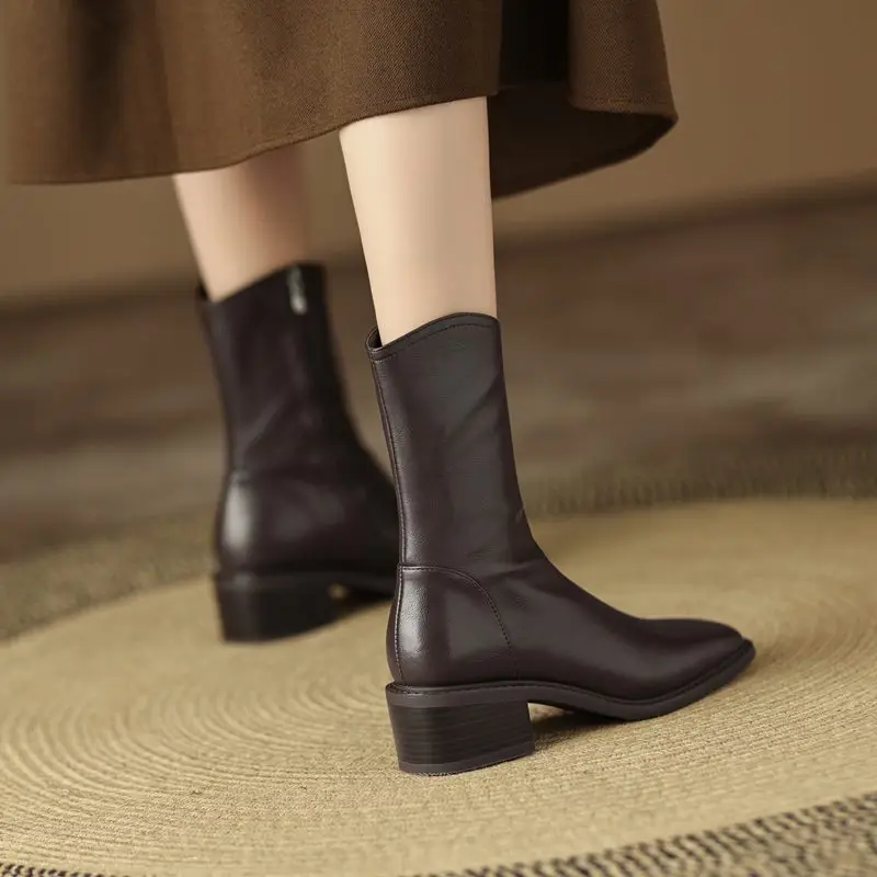 MORAZORA 2025 New Real Leather Women Boots Zipper Thick Fur Warm Winter Boots Fashion Square Toe Chunky Heels Ankle Snow Booties