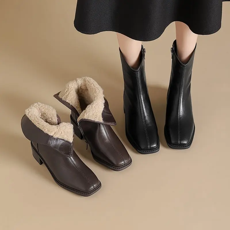 MORAZORA 2025 New Real Leather Women Boots Zipper Thick Fur Warm Winter Boots Fashion Square Toe Chunky Heels Ankle Snow Booties