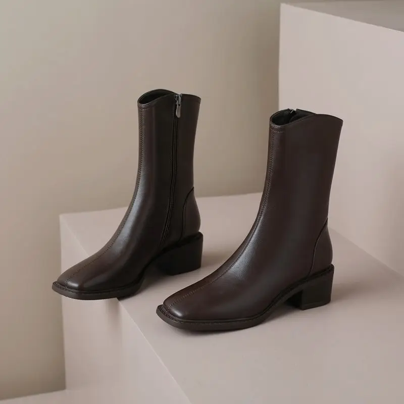 MORAZORA 2025 New Real Leather Women Boots Zipper Thick Fur Warm Winter Boots Fashion Square Toe Chunky Heels Ankle Snow Booties