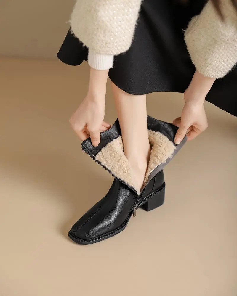 MORAZORA 2025 New Real Leather Women Boots Zipper Thick Fur Warm Winter Boots Fashion Square Toe Chunky Heels Ankle Snow Booties