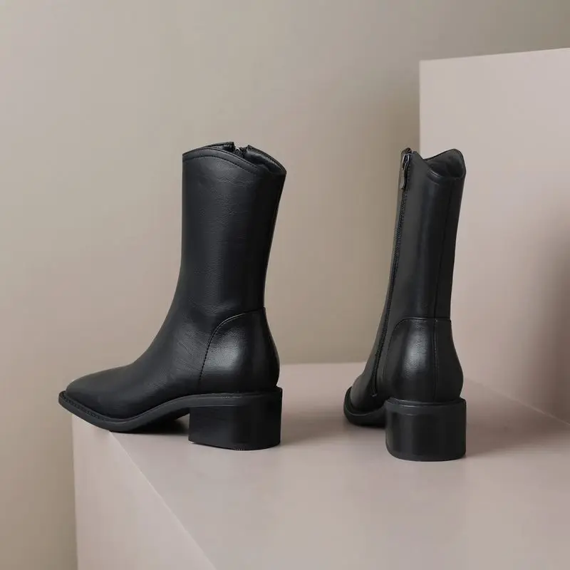 MORAZORA 2025 New Real Leather Women Boots Zipper Thick Fur Warm Winter Boots Fashion Square Toe Chunky Heels Ankle Snow Booties