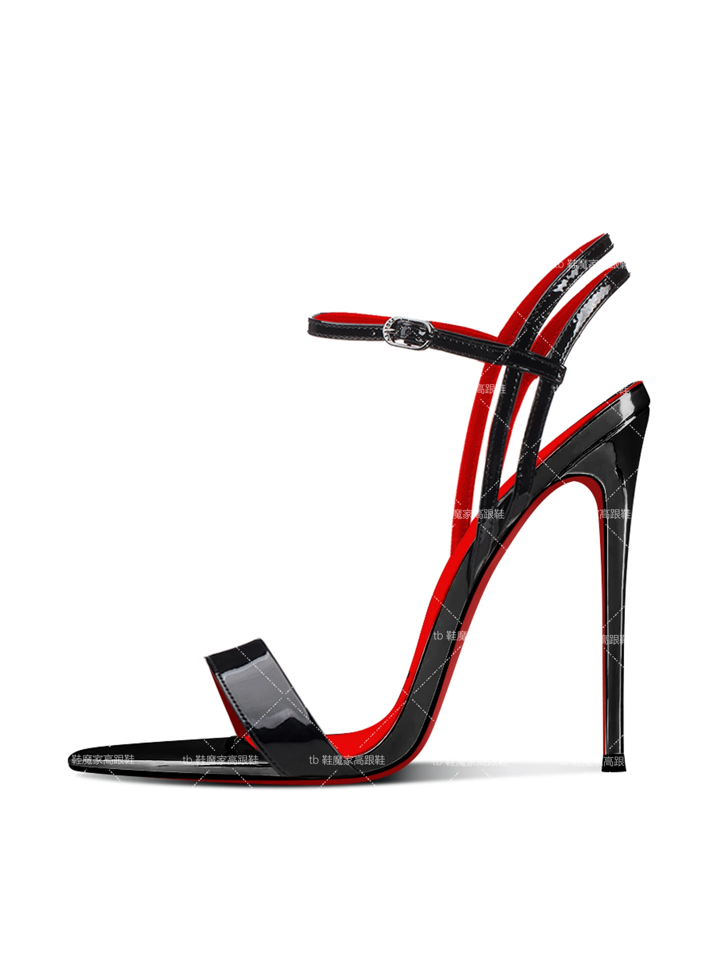 New 12cm Pointed Lace Up High-Heeled Shoes for Women, Black, Sexy, Straight Buckle Fashion, Plus Size Sandals