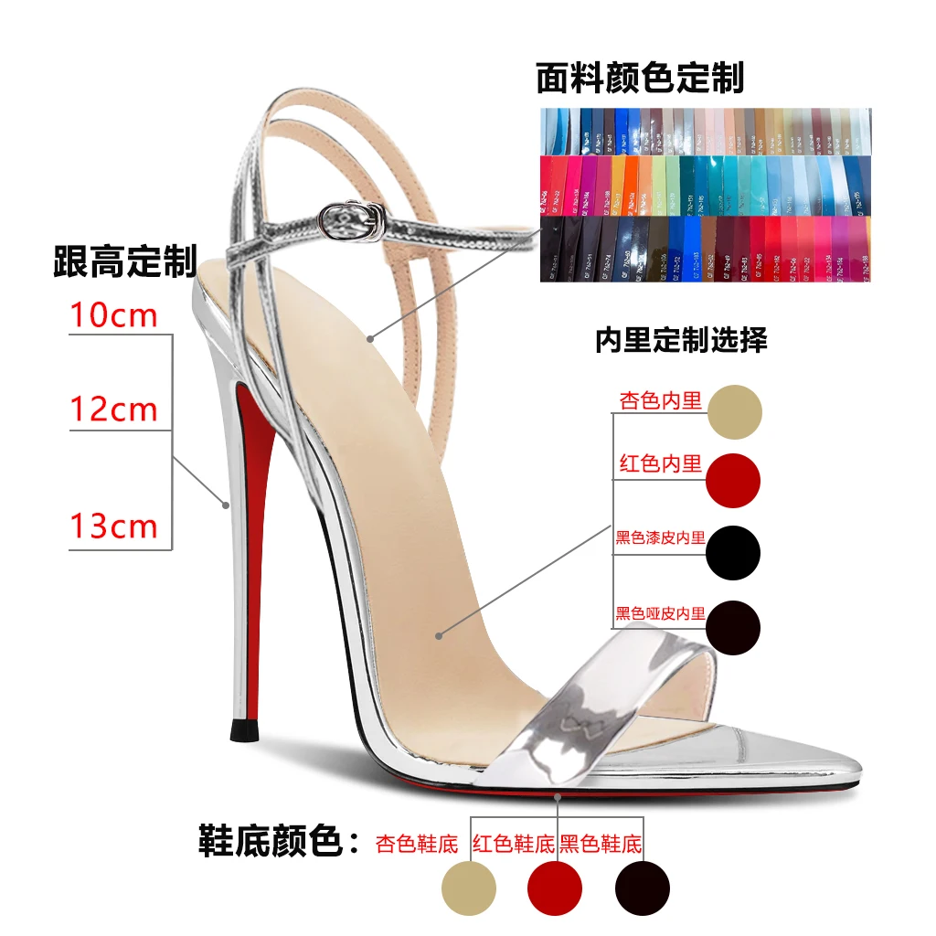 New 12cm Pointed Lace Up High-Heeled Shoes for Women, Black, Sexy, Straight Buckle Fashion, Plus Size Sandals