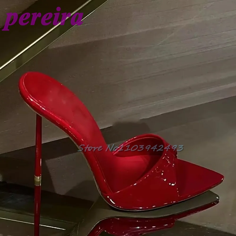 Red Patent Leather Heeled Sandals Shallow Slip On Mules Solid Sexy Heels Stiletto Summer 9CM Shoes Peep Toe One Strap Sandalias