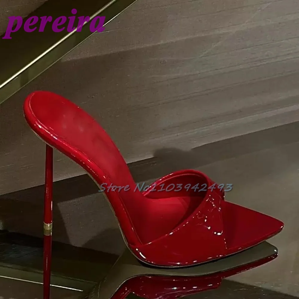 Red Patent Leather Heeled Sandals Shallow Slip On Mules Solid Sexy Heels Stiletto Summer 9CM Shoes Peep Toe One Strap Sandalias