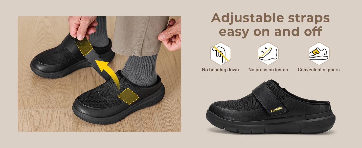 Fittington Wide Diabetic Slippers For Men Indoors Walking Diabetic Men's Shoes Slip-On Mules Clogs For Swollen Feet Adjustable
