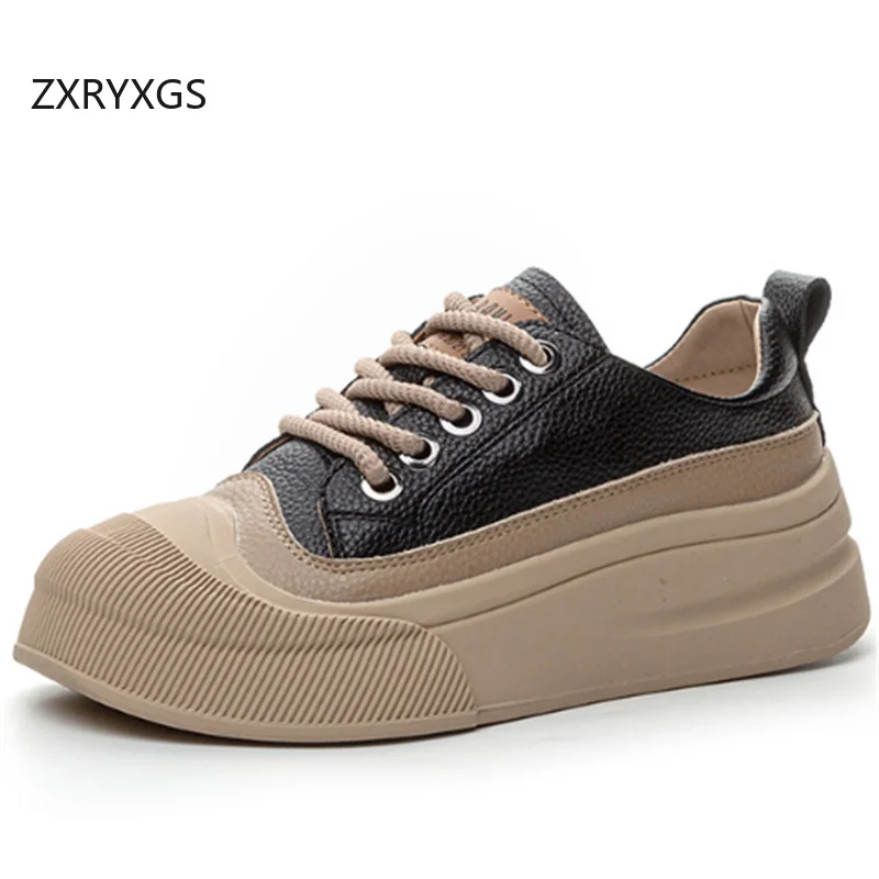 ZXRYXGS 2025 Cross Straps Genuine Leather Women's Vulcanized Shoes Women Sneakers Platform Shoes Increase Sneakers Large Size