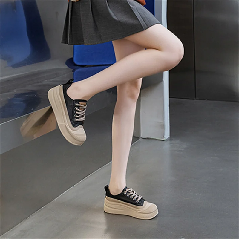 ZXRYXGS 2025 Cross Straps Genuine Leather Women's Vulcanized Shoes Women Sneakers Platform Shoes Increase Sneakers Large Size