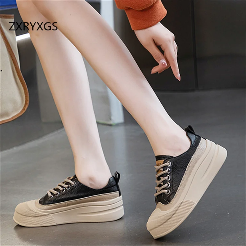 ZXRYXGS 2025 Cross Straps Genuine Leather Women's Vulcanized Shoes Women Sneakers Platform Shoes Increase Sneakers Large Size