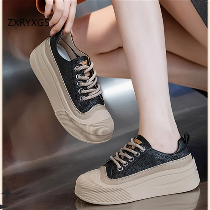 ZXRYXGS 2025 Cross Straps Genuine Leather Women's Vulcanized Shoes Women Sneakers Platform Shoes Increase Sneakers Large Size