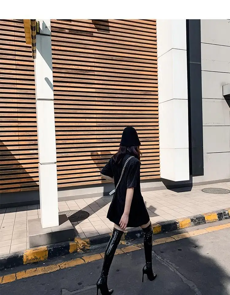 Sgesvier Over Knee Boots Women's Shiny Patent Leather Sexy Thigh Boots High Heels Jazz Dance Pointed Toe Thin Heels
