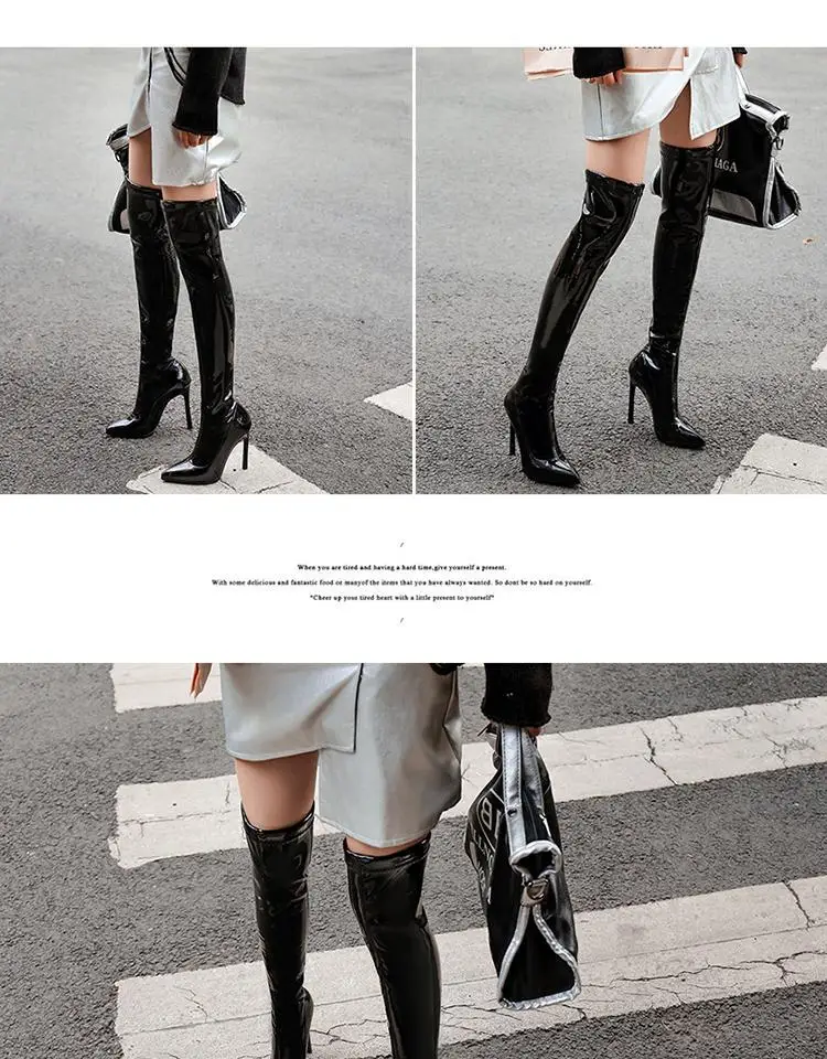Sgesvier Over Knee Boots Women's Shiny Patent Leather Sexy Thigh Boots High Heels Jazz Dance Pointed Toe Thin Heels