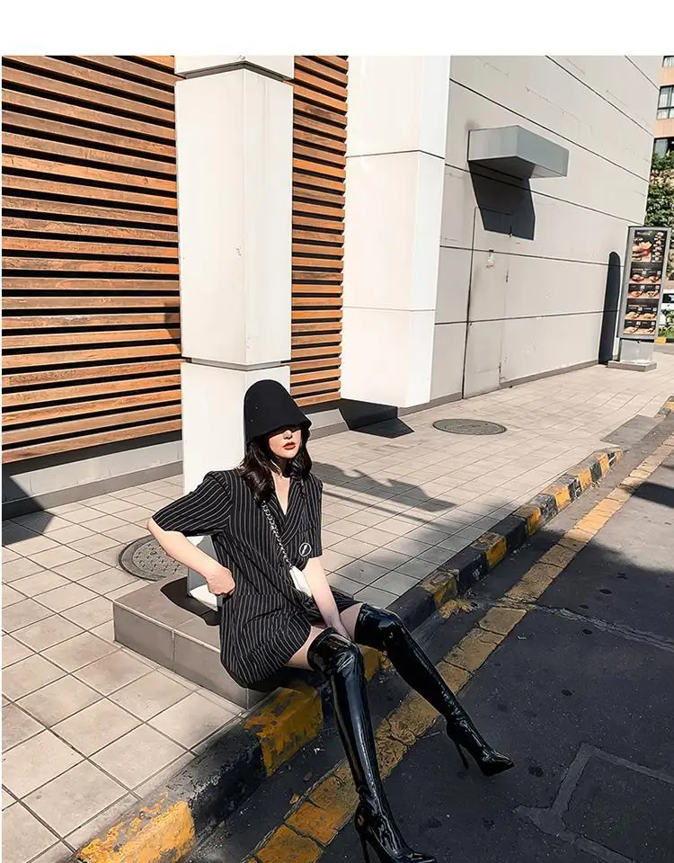 Sgesvier Over Knee Boots Women's Shiny Patent Leather Sexy Thigh Boots High Heels Jazz Dance Pointed Toe Thin Heels